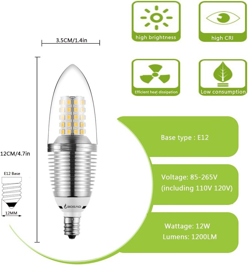 E12 LED Candelabra Bulb, 12W Daylight White 6000K LED Candle Bulbs, 80-100 Watt Light Bulbs Equivalent, E12