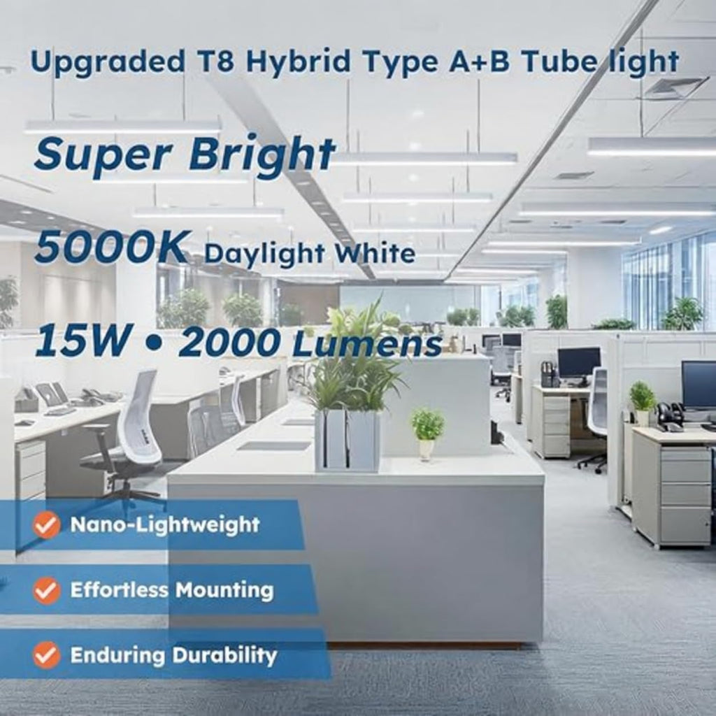 T8 LED Tube Lights 4ft, 48 Inch Fluorescent Replacement Bulbs, 5000K Pure Daylight, Hybrid Type A+B