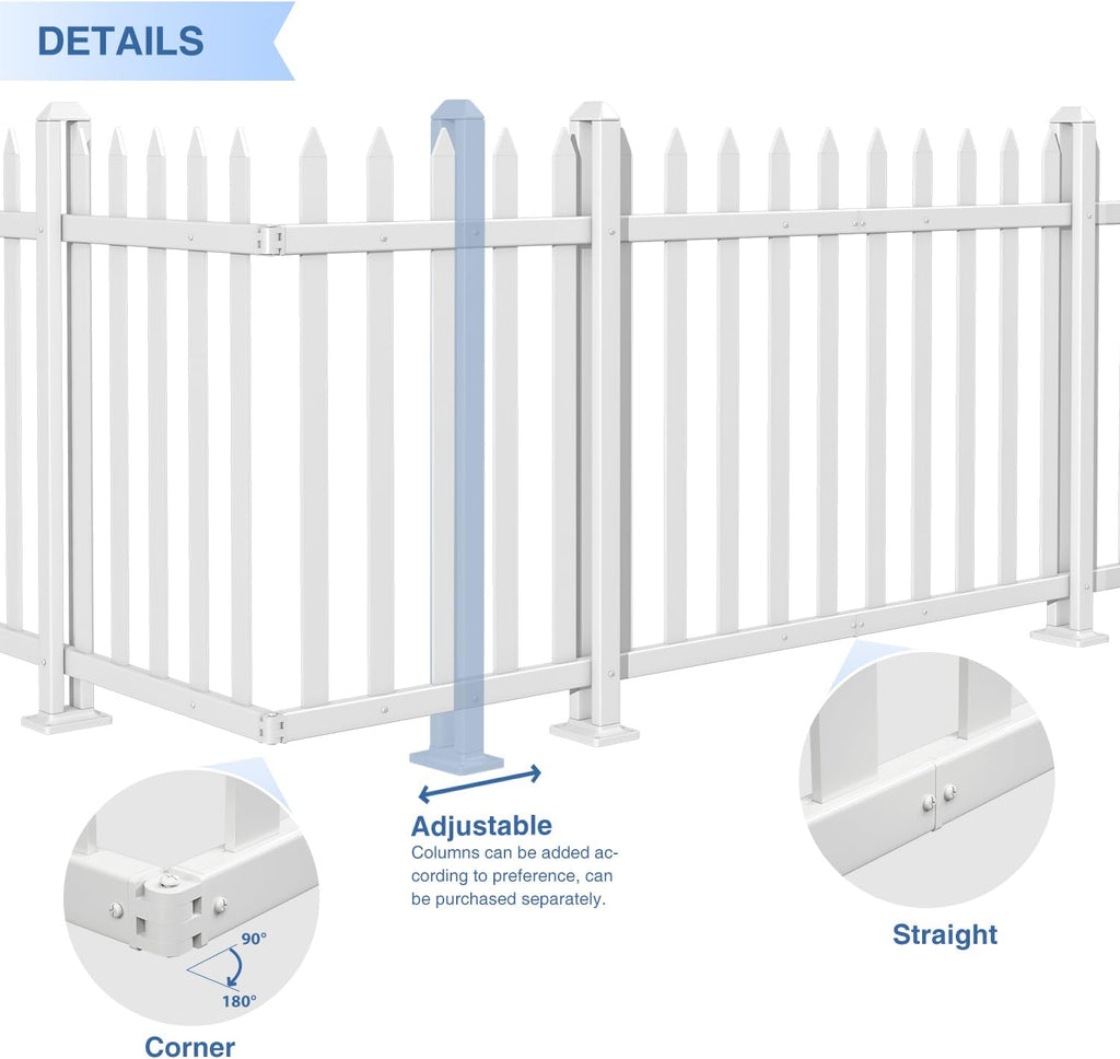 4 Sets 36" H x 84" W Vinyl White Picket Fence Panels Decorative Fencing for Front Porch Yard Garden Pool (34 Pickets
