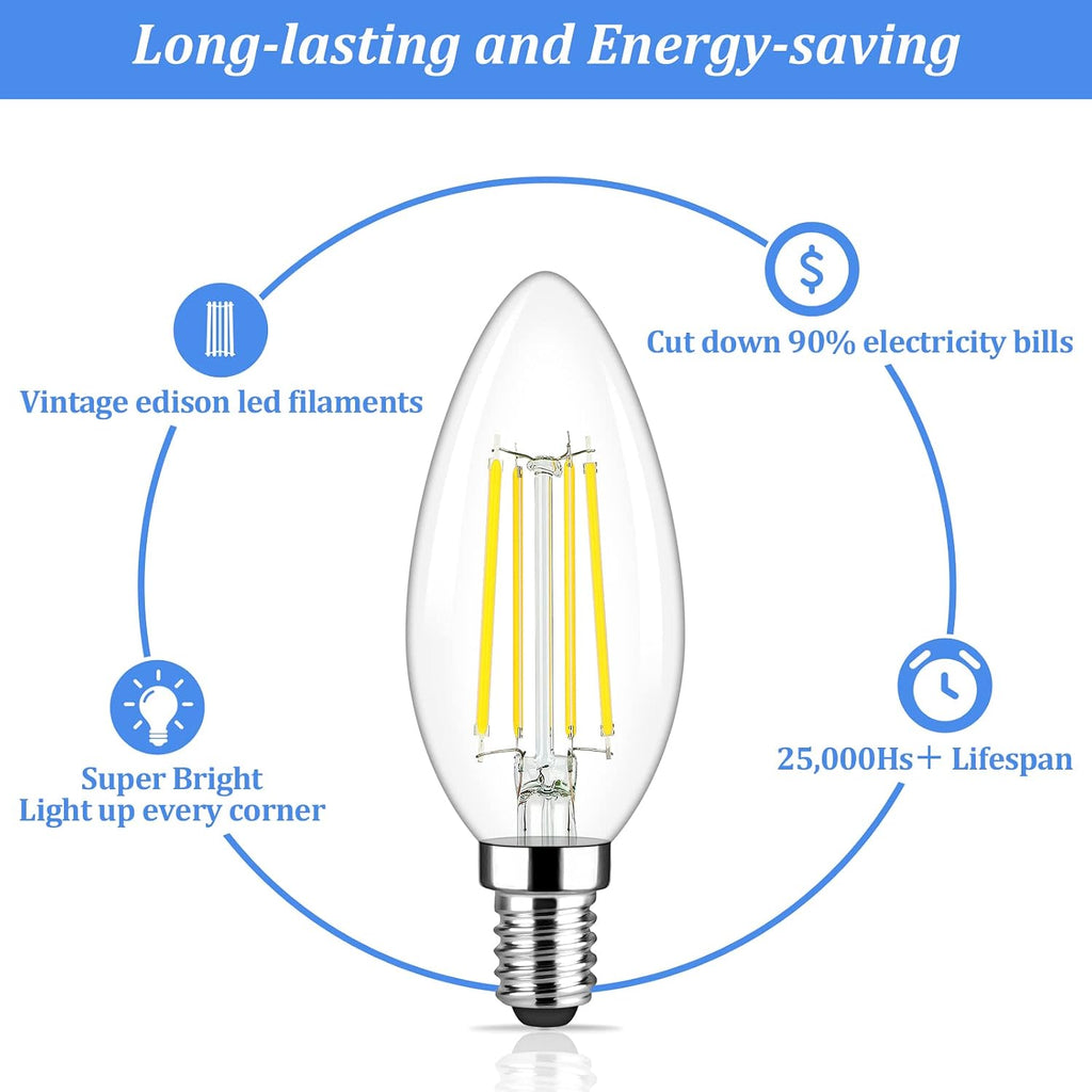 E12 Candelabra LED Light Bulbs 60 Watt Equivalent, 620 Lumen 6W C32 B11 Clear LED Filament Candle Bulbs, Dimmable