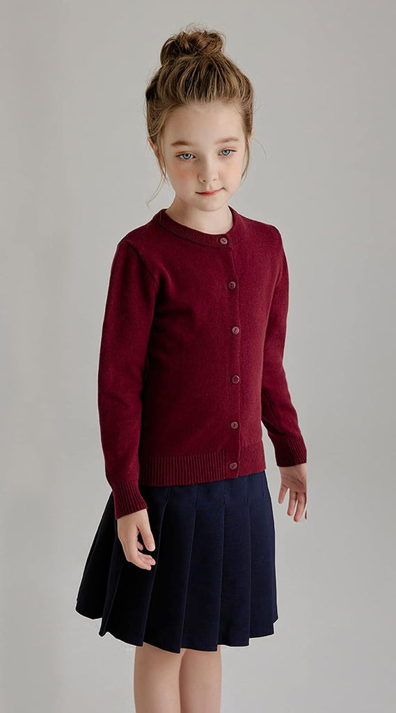 Girl School Uniform Sweater Anti-Pill Cotton Cardigan Crew Neck