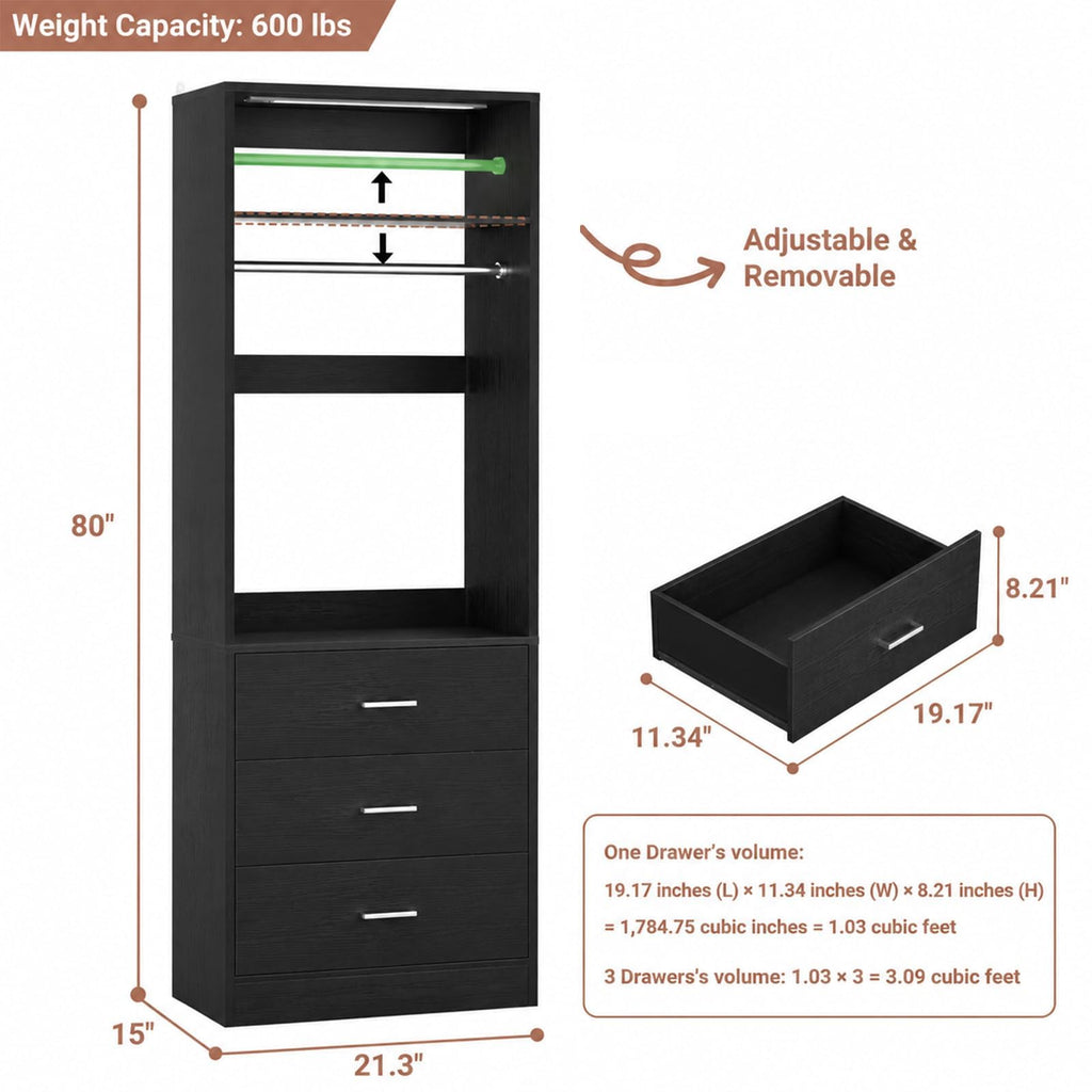 2FT/4FT/8FT Closet System with Motion Sensor Lights (Black, 1 Set)