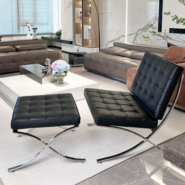 Inspired Barcelona Style Leather Lounge Chair and Ottoman — Black Oiled Leather, Compact Seat (23.5″L)