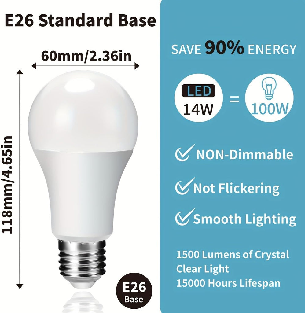 A19 14W LED Light Bulbs 100W Equivalent, 1500 Lumens CRI 90+ Daylight 5000K, E26 Standard Base, Non-dimmable AC 120V