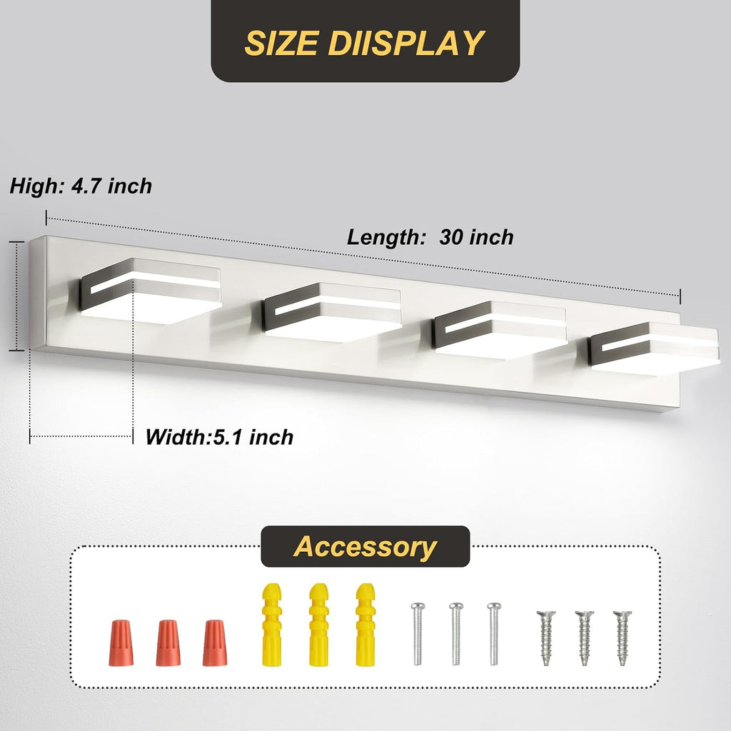4 Light Bathroom Vanity Light Brushed Nickel Modern 32W LED Dimmable Vanity Light Over Mirror 350° Adjustable Lamp