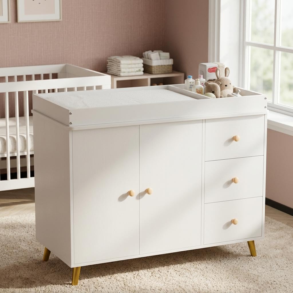 Baby Changing Table, White Wooden Dresser with 3 Drawers and Cabinet | Diaper Station with Waterproof Changing Pad