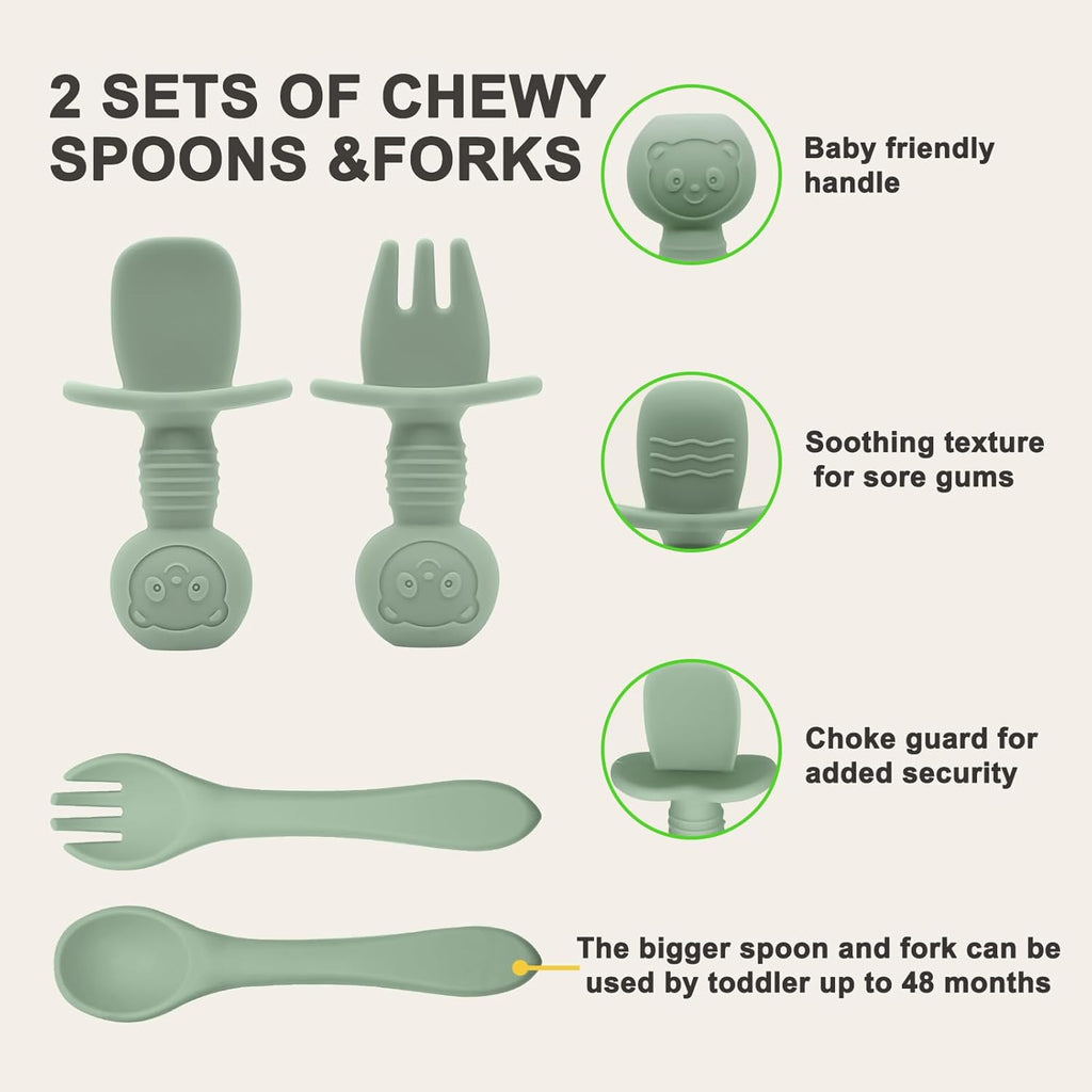 Feeding Set | Baby Led Weaning Supplies Includes Suction Bowls and Divided Plates, Adjustable Bib, Baby Utensils