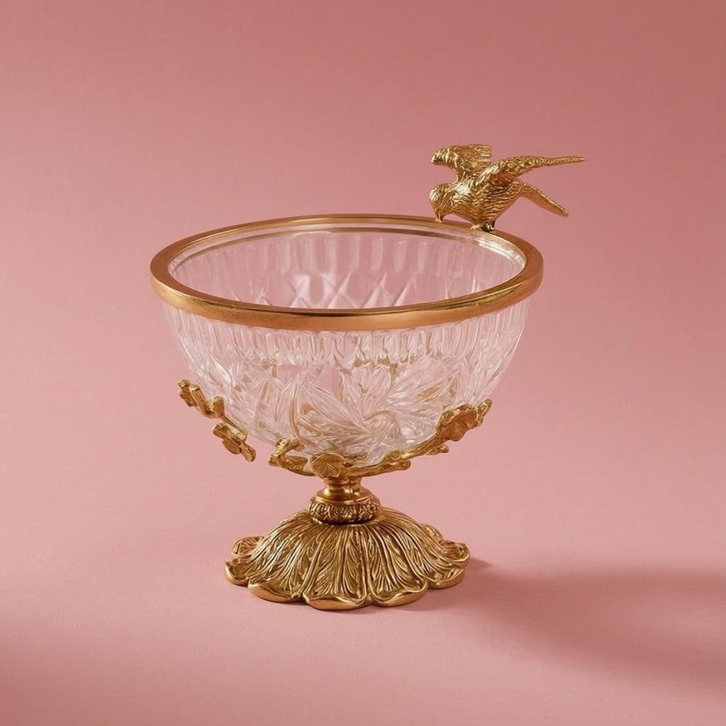 Brass Fruit Plate Bird Accents Crystal Glass Fruit Bowl Clear Decorative Pedestal Bowl