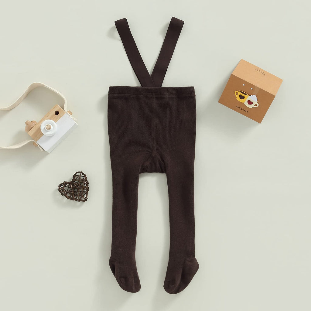 Girl Boy Suspender Tights Pantyhose Ribbed Knit Leggings Stockings Solid Color High Waist Cute Footed Pants (B-Brown
