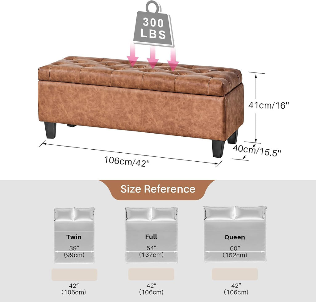 42" Faux Leather Storage Ottoman Bench, End of Bed Storage Bench | Faux Leather, Solid Wood Leg, Safety Hinge, Modern