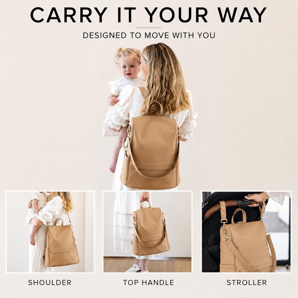 Leather Diaper Bag Backpack with USB Charging port, Changing Pad and Stroller Straps (Brown Mia)