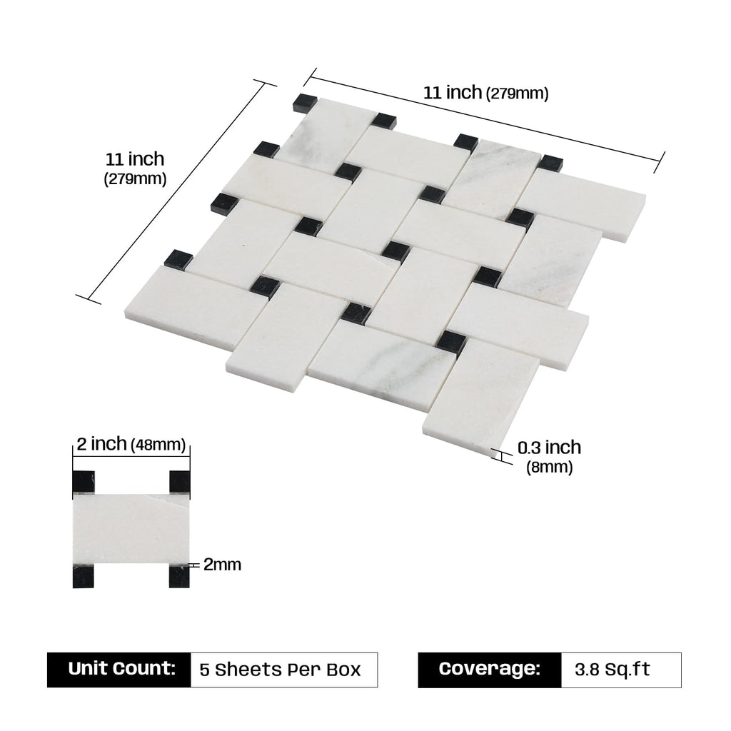 2×3 Inch Basketweaven White Marble Mosaic Tile for Wall Floor, 5 Sheets