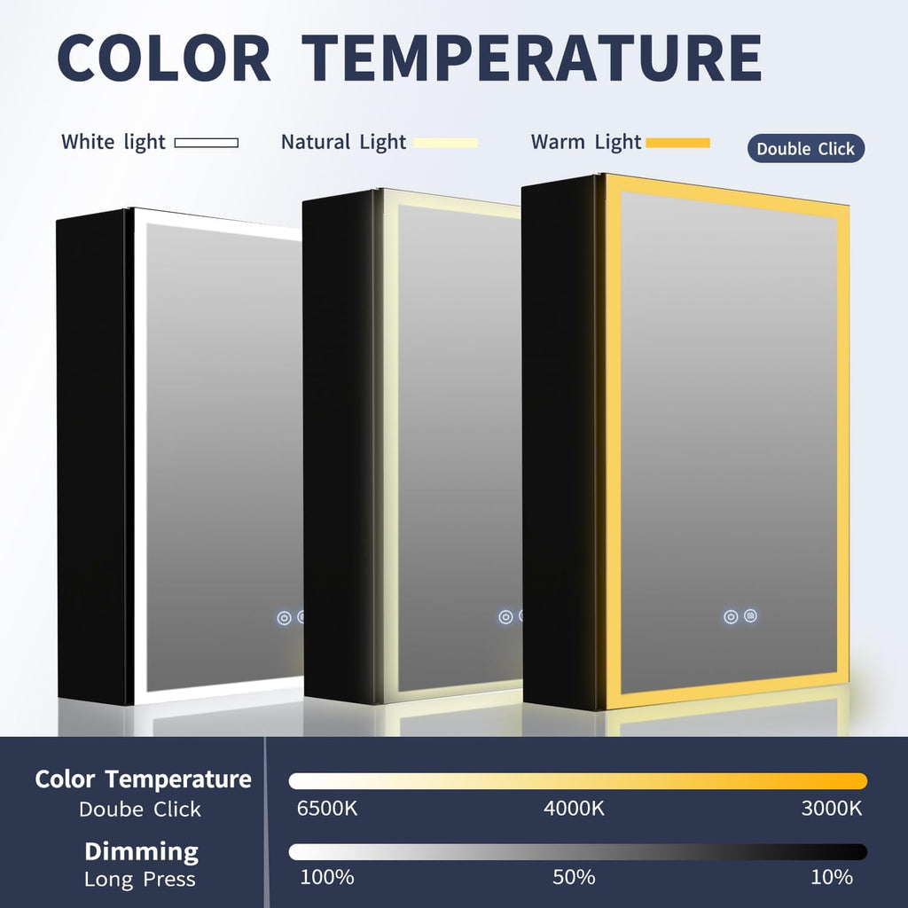 20 x 28 inch LED Bathroom Lighted Medicine Cabinet with Mirror | Anti-Fog, Dimmable 3 Colors Front & Bottom Light