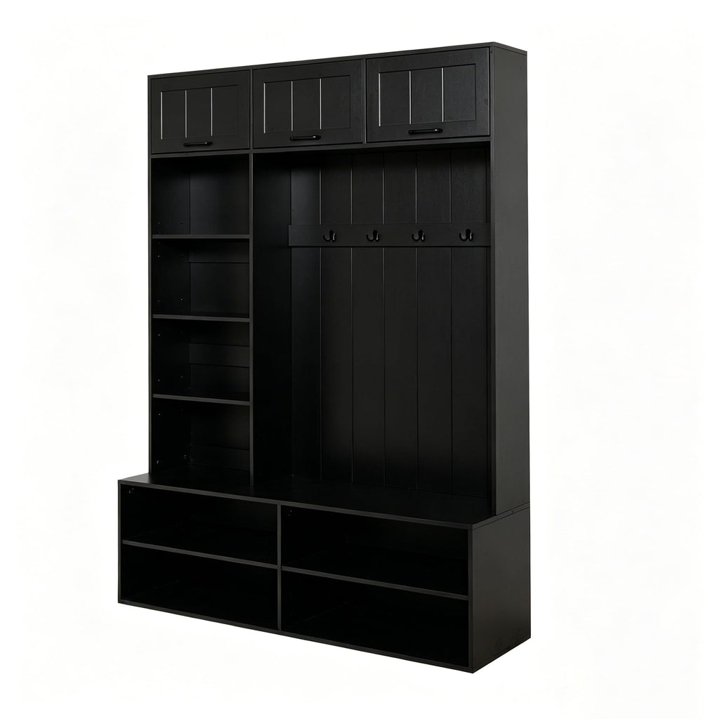 59" W Farmhouse Black Hall Tree with Bench and Shoe Storage, Entryway Bench with Coat Rack and Hooks, Modern Entryway