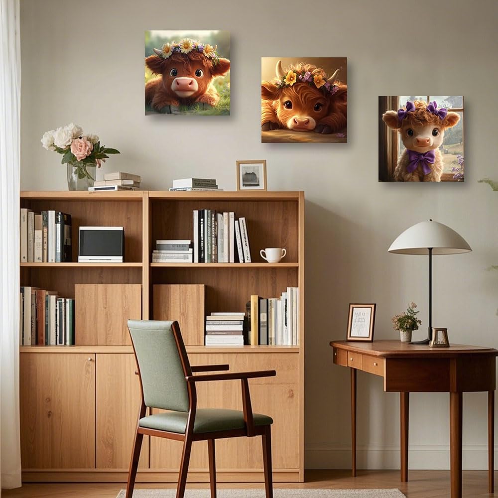 Highland Cow Wall Art Cute Animal Canvas Print 3 Pieces Baby Highland Cow Picture Farm Animal Prints Farmhouse Kids