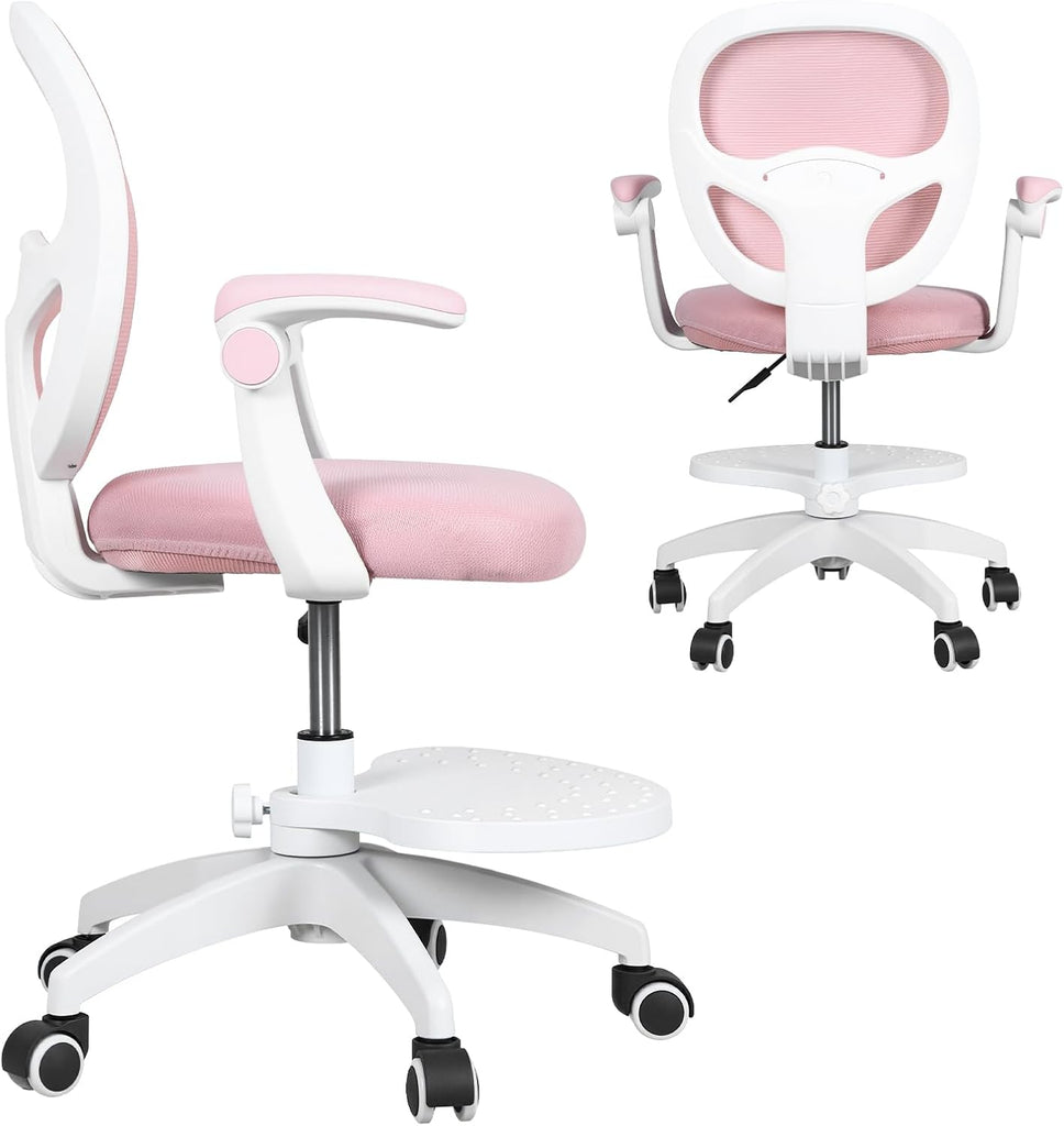 Kids Desk Chair with Adjustable Footrest and Flip Arms for Study