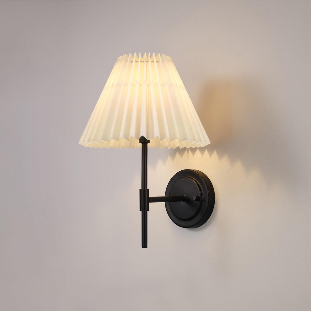 Wall Sconce, Matte Black, White Pleated Fabric Shade, E12 Base Socket, Candelabra Bulb, Living Room Lighting