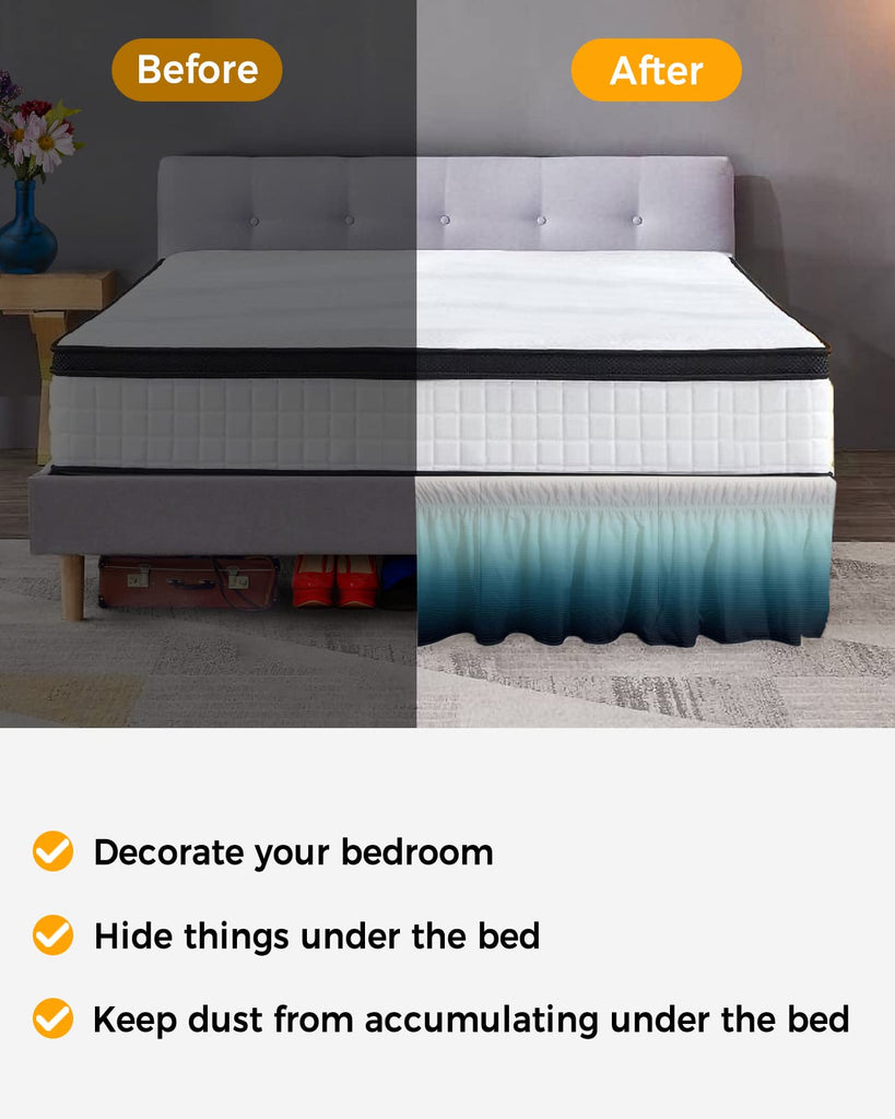 Gradient Turquoise Bed Skirt Queen Size 18 Inch Drop, Adjustable & Elastic Wrap Around Bed Skirts Pleated Luxury Dust