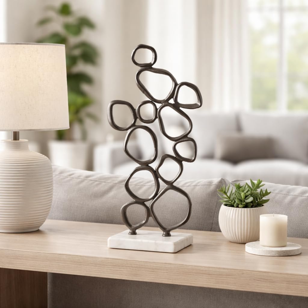 Abstract Sculpture Home Decor Figurine Ornament - Metal Loop Detail Statue on Marble Base for Shelf or Coffee Table