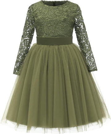 Flower Girl Dress Long Sleeves Lace Top Tulle Skirt Girls Lace Party Dresses