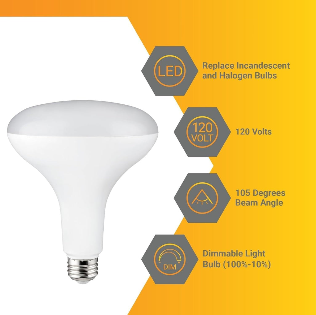 BR40 LED Light Bulb 12W (85W Equivalent) 1150 Lumens 4000K Cool White E26 Medium Base Dimmable Damp Rated Pack of 6