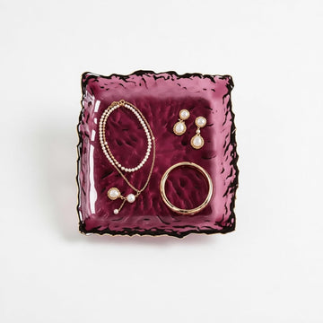 Vintage Purple Glass Jewelry Tray with Gold Rim - 6.1"Square Frosted Glass Trinket Dish Catchall Tray for Rings