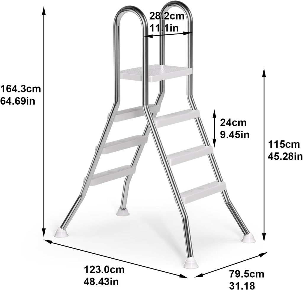 Above Ground Pool Ladder, 304 Stainless Steel A-Frame Pool Ladder with Top Platform, Non-Slip 3-Step Treads