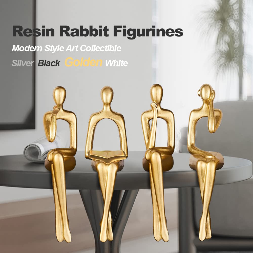 Gold Accent Decor Thinker Statuem, Statues Decorations Abstract Sitting Thinker Desk Sculpture Table Decor 4 Piece
