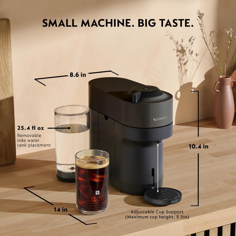Vertuo Pop+ Coffee Machine with Milk Frother, Liquorice Black | Coffee and espresso maker by with compact design.