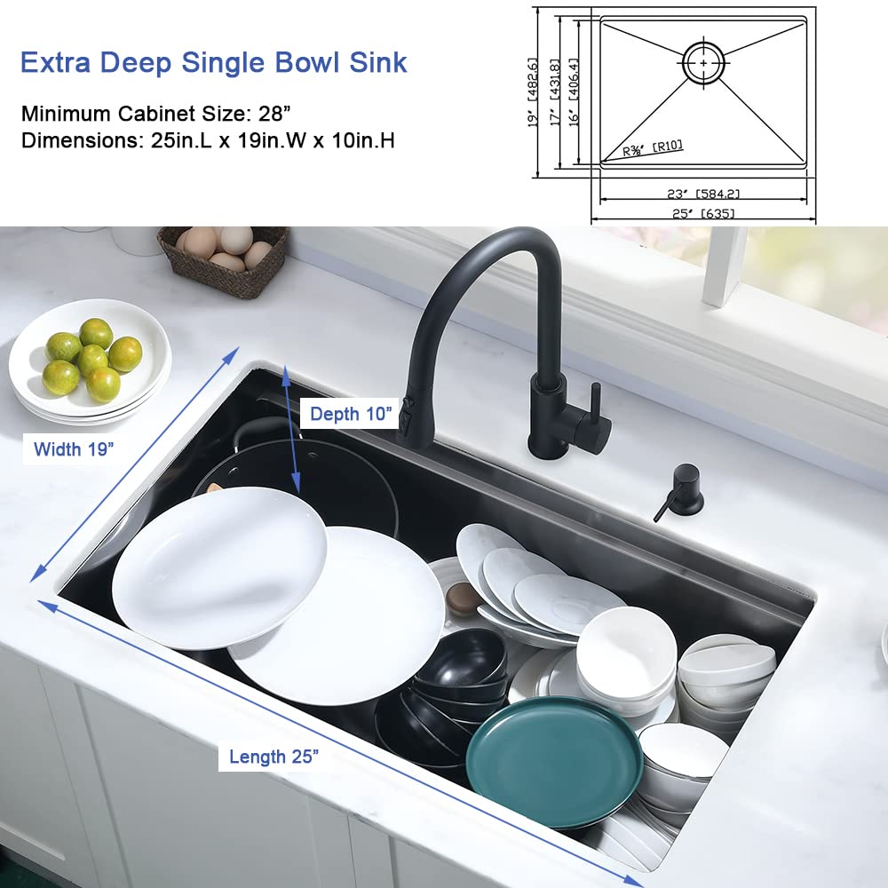 Hovheri 25x19 Black Undermount Kitchen Sink Workstation Stainless Steel