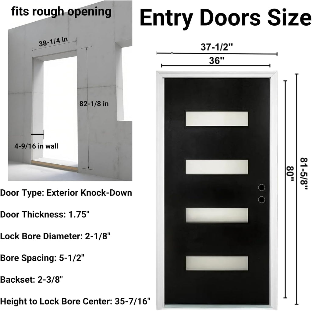 Fiberglass Entry Door Left Hand Inswing, 36 x 80, 4 Lite Frosted Glass 4-9/16 in. Vinyl Frame, Contemporary Style for Home's Front Entrance, Black Finished Knock-Down Entry Door
