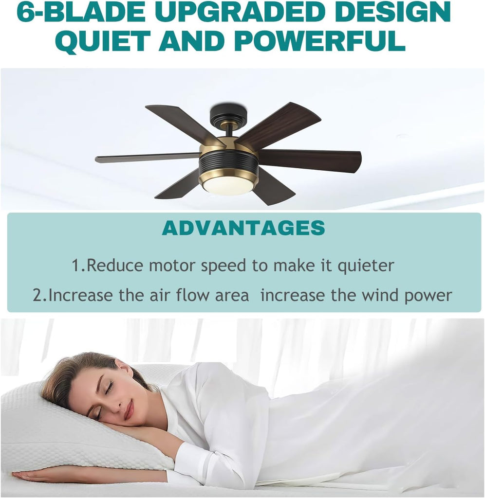 42 Inch Ceiling Fan with Lights and Remote, 6 Blade App Control Timer Reversible Stepless Brightness and Color