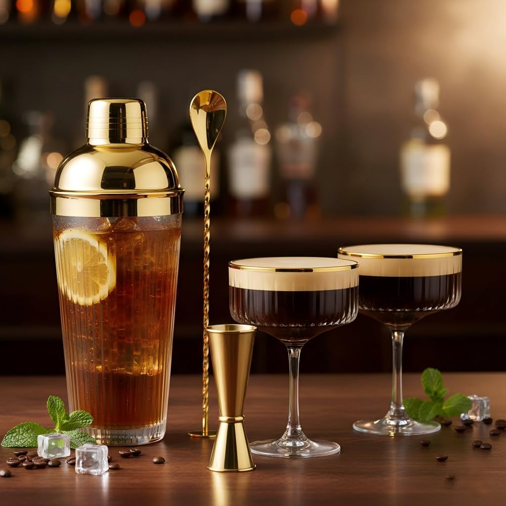 Gold Cocktail Shaker Set | 160oz Fashion Bartender Kit with Elegant Coupe Glasses, Gold Jigger, Mixing Spoon - Set of 3
