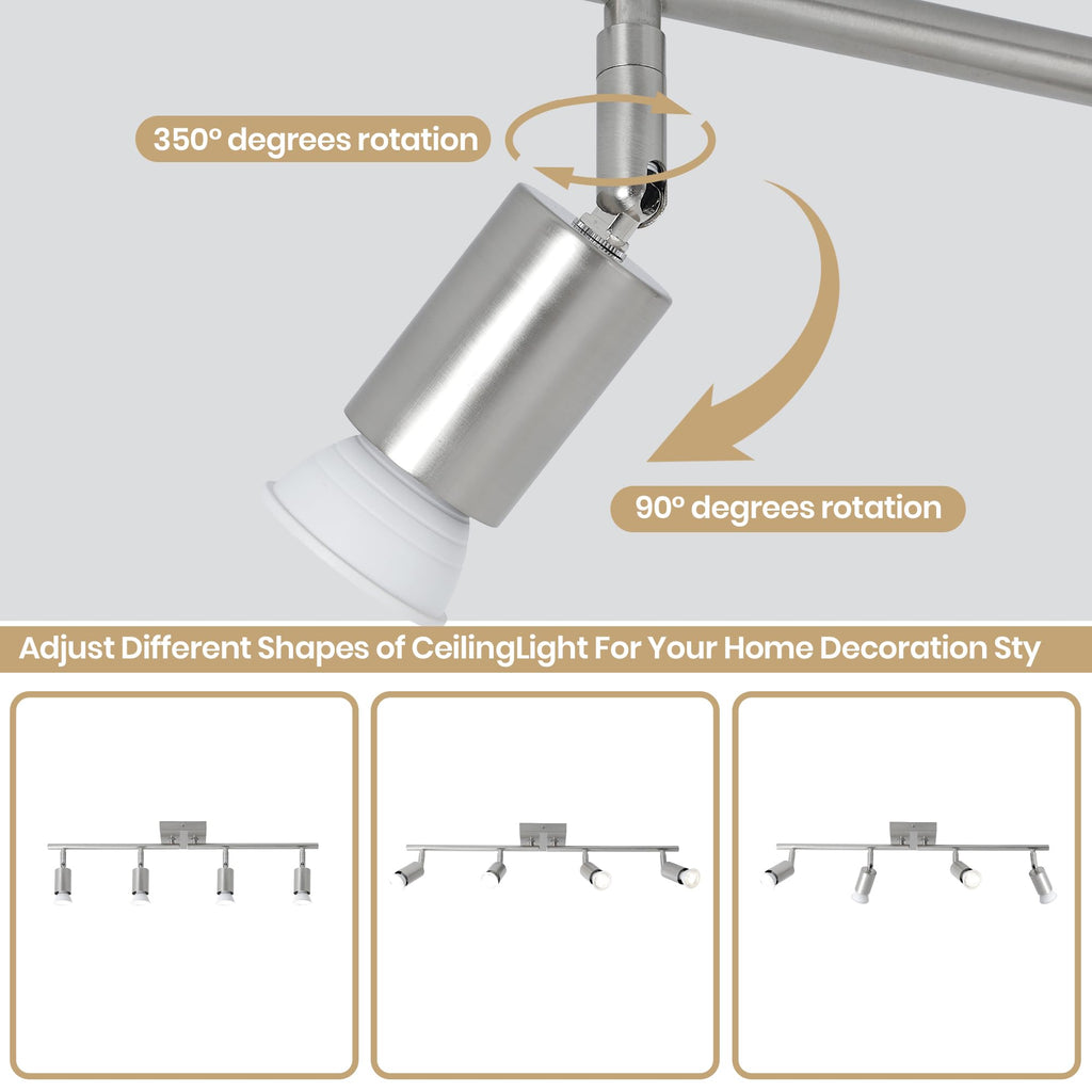 Long Stem Track Lighting, Nickel Hardwired GU10 Ceiling Spotlight, Rotatable Adjustable Long Arm Track Light