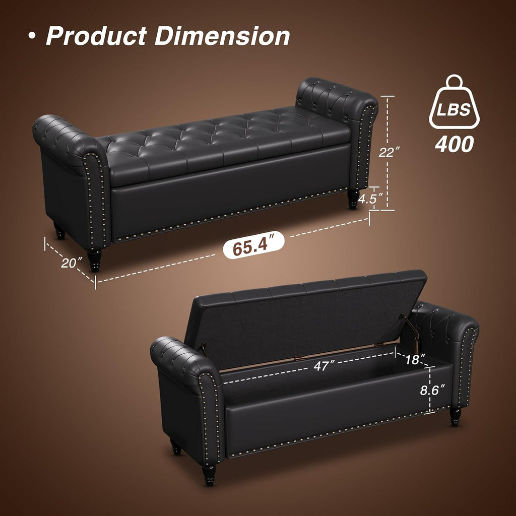 65 Inch Bedroom Bench, End of Bed Bench with Storage, Black | Bed Benches for Foot of Bed, Faux Leather Window Bench