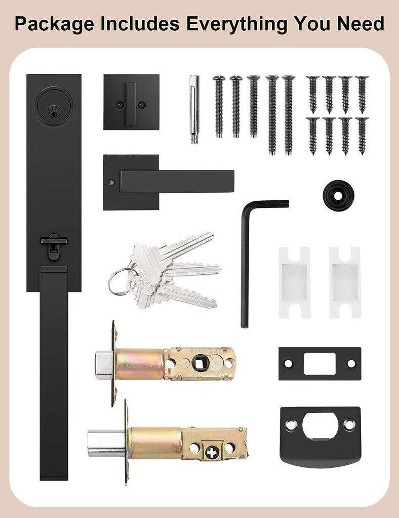 Full Escutcheon HandleSet Front Door Entry Handle and Deadbolt Lock Set Slim Square Single Cylinder Deadbolt and