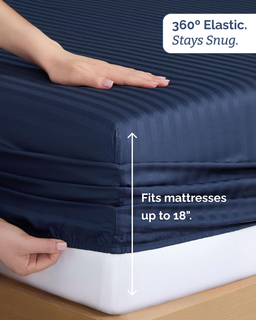 100% Rayon Derived from Bamboo - Bed Sheets Set Queen - Navy Blue Sateen