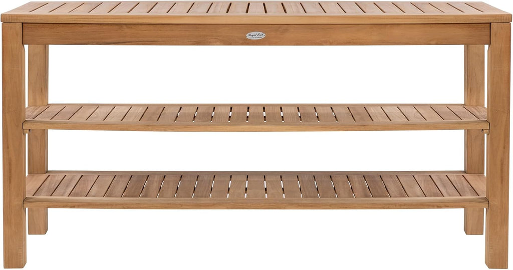 Console Table with Two Shelves, 60-Inch Rectangular Wooden Outdoor Teak Table with Storage Shelves, Outdoor Furniture