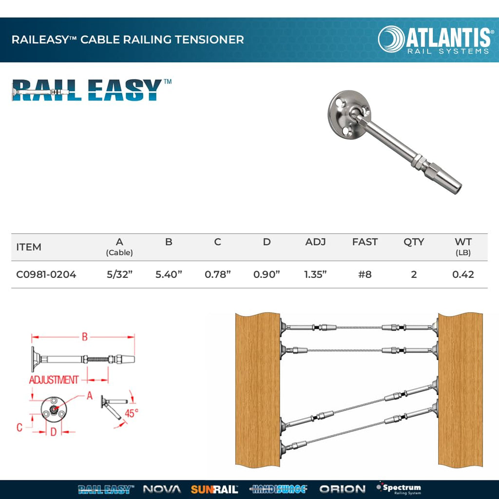 RailEasy C0981-0204 Cable Railing Tensioner (5/32") - 316L Marine Grade Stainless Steel (2-Pack)