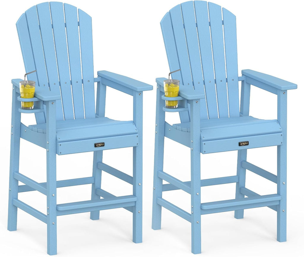 Tall Adirondack Chairs Set of 2, All-Weather Plastic Adirondack Chair with Cup Holders, Heavy-Duty HDPE Outdoor Bar