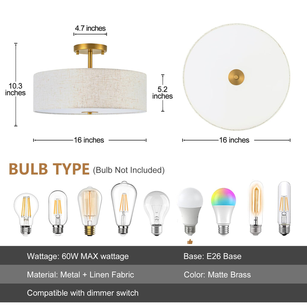Semi Flush Mount Ceiling Light, 16" Linen Drum Shade, Matte Brass