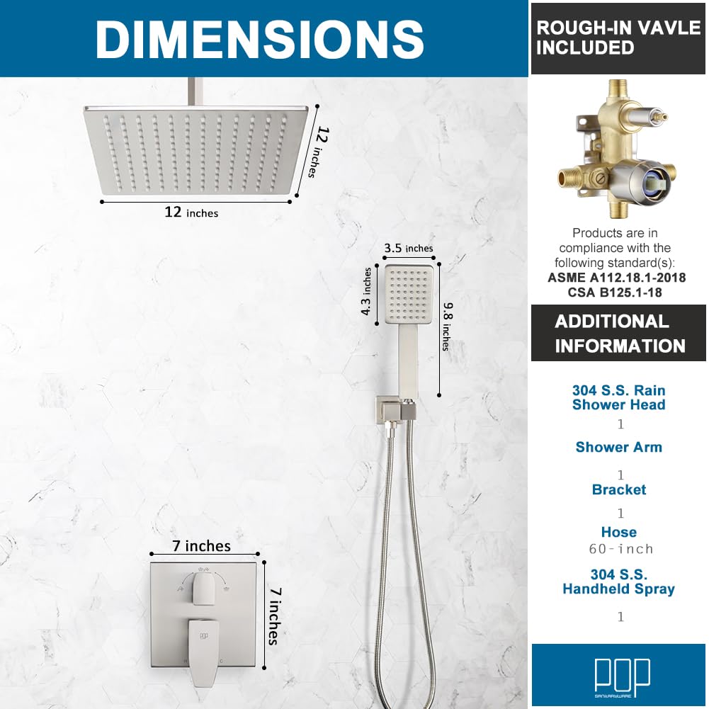 12 Inch Ceiling Mount Shower Faucet Set Brushed Nickel Ceiling Rainfall Shower Head and Handle Set Bathroom Rain