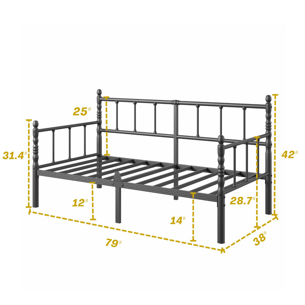 14 Inch Classic Twin Daybed, Metal Sofa Bed with Storage, Black