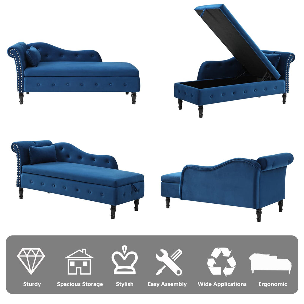 Velvet Indoor Chaise Lounge Chair with Storage Bedroom Office, Rolled Arm End of Bed Ottoman Bench, Tufted Chaise