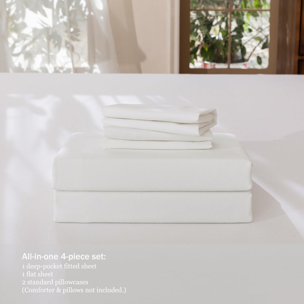 4Pcs Bright White Cotton Bed Sheet Set Deep Pocket