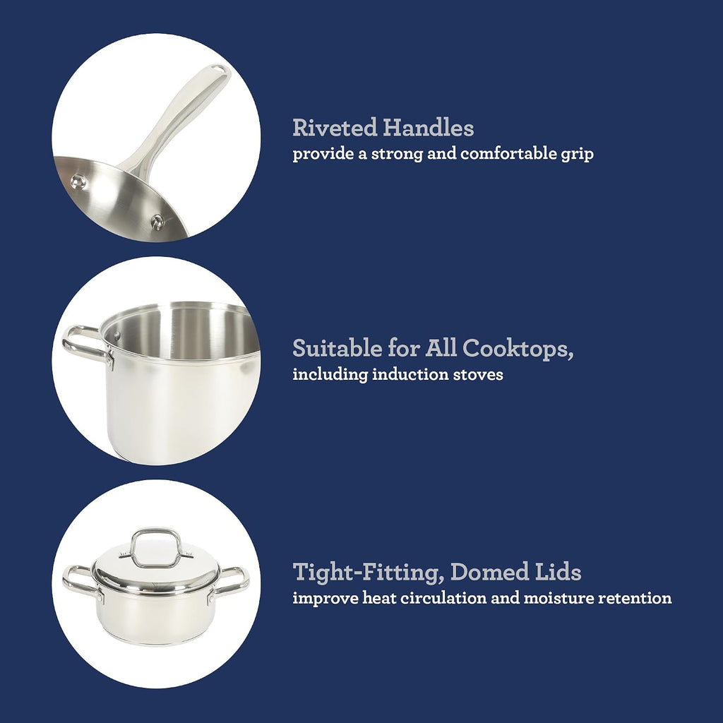 Platinum Sedwick 10-Piece Stackable Stainless Steel Pots and Pans Cookware Set W/Domed Stainless Steel Lids W/TriPly