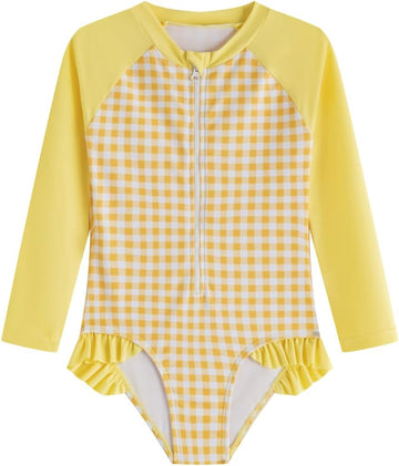 Girls Long Sleeve One Piece Rash Guard, Zipper Ruffle Cute Print Swimsuit