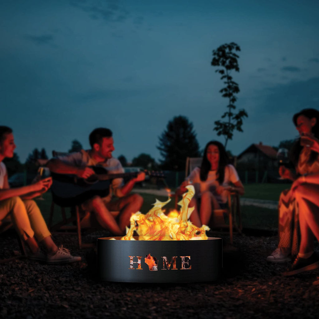 Unpainted 12 in. Tall 37 in. Diameter Outdoor Fire Ring with Fire Poker - 37 x 37 x 12 in. - Rustic