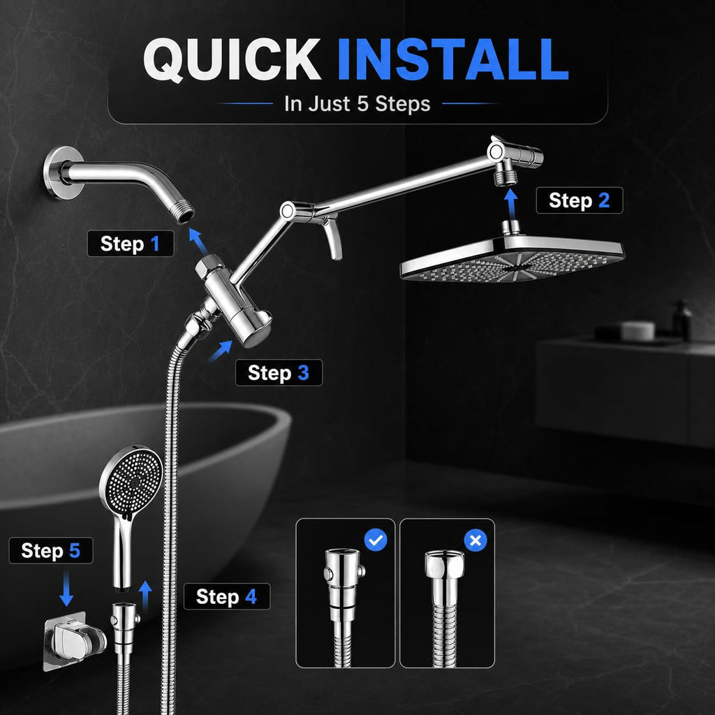 High Pressure Rain Shower Head with Handheld, 11.8-Inch Large Rainfall Shower Head Combo with 3-Way Diverter, 15-Inch