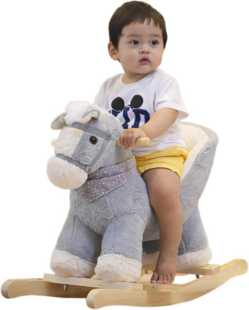 My Baby Rocking Horse with Chair, Plush Stuffed Pony Rocker for Toddlers 1-3, Baby Rocker with Sweet Music, Wooden